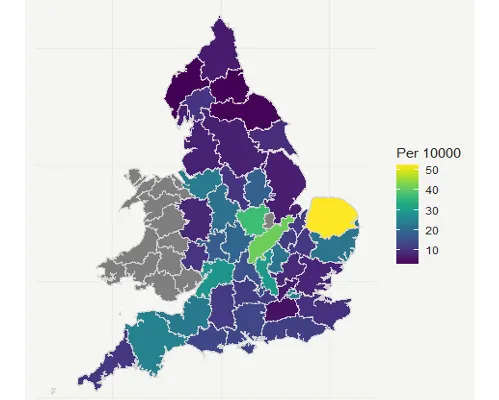 A map of England showing the concentration of binders is across the midlands and down into Devon. 