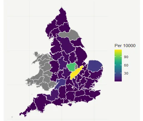 A map of England showing the concentration of binders is now mostly in Leicestershire and Northamptonshire 