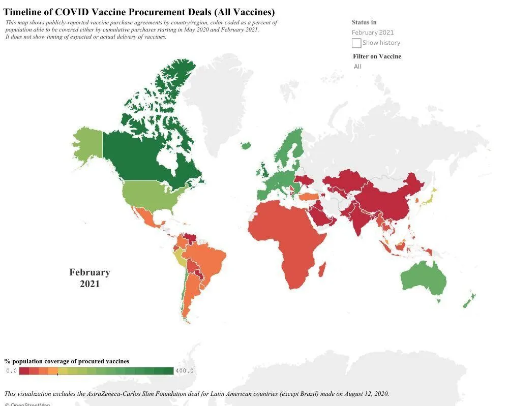 A map of the world showing vaccine rollouts that is far stronger in the USA, North-West Europe and Australia than anywhere else..