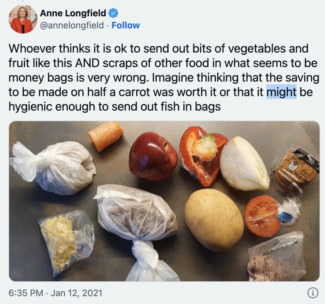 A tweet from Anne Longfield deriding the poor contents of a food parcel