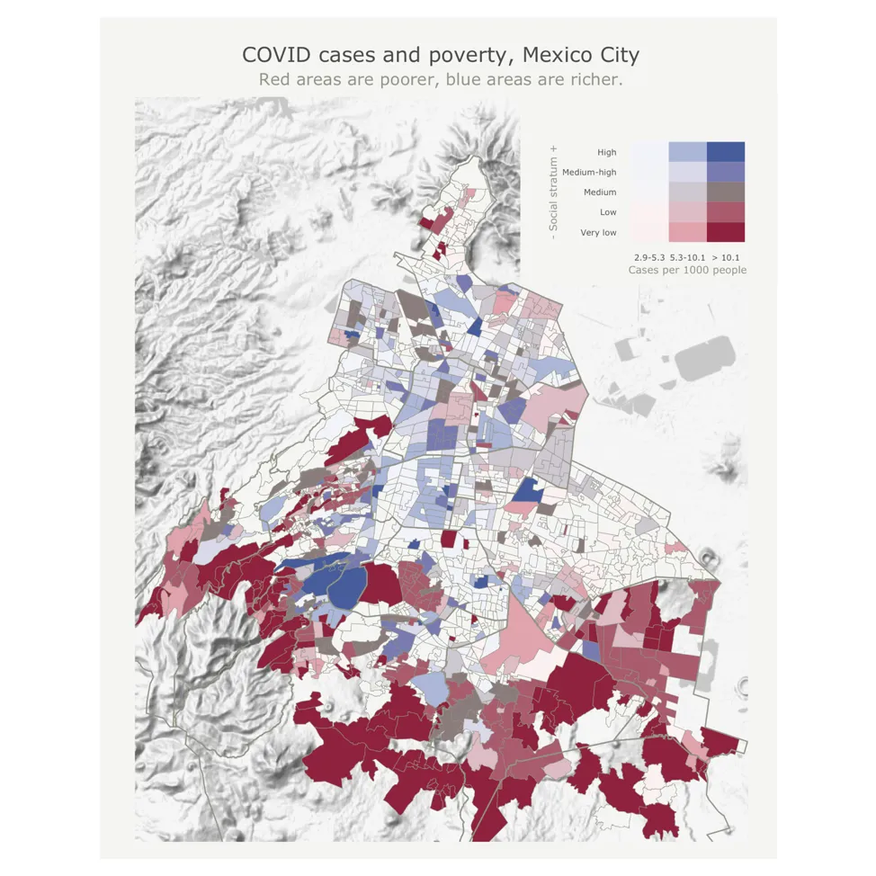 A map of Mexico City neighbourhoods showing higher cases in poor areas