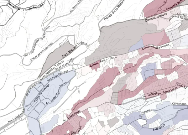 A map showing a closer view of the Santa Fe zone in Mexico city with a stark divide between rich and poor areas