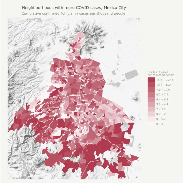 A map of Mexico City showing the high rates of confirmed COVID cases