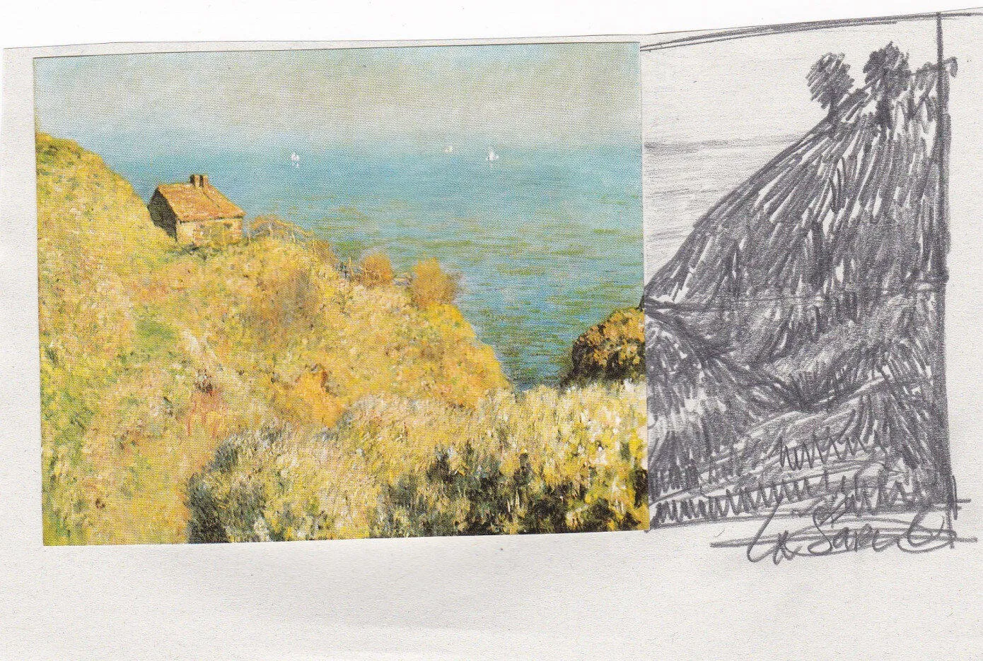 A painting of a house on a headland continued in pencil