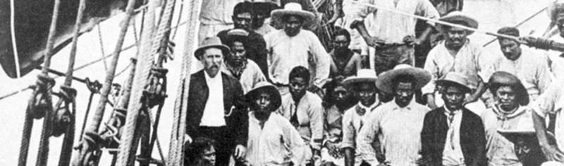 An old black and white photo of South Sea Islanders arriving in Bundaberg, Queensland, circa 1893