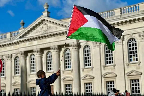 Boy waving Palestine flag at a protest