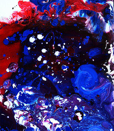 An abstract painting in blue and red