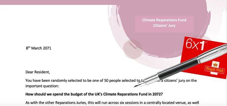 A residents letter saying they've been randomly selected for a Citizens Jury questionnaire