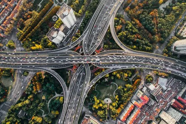 View from above of a busy motorway intersection 