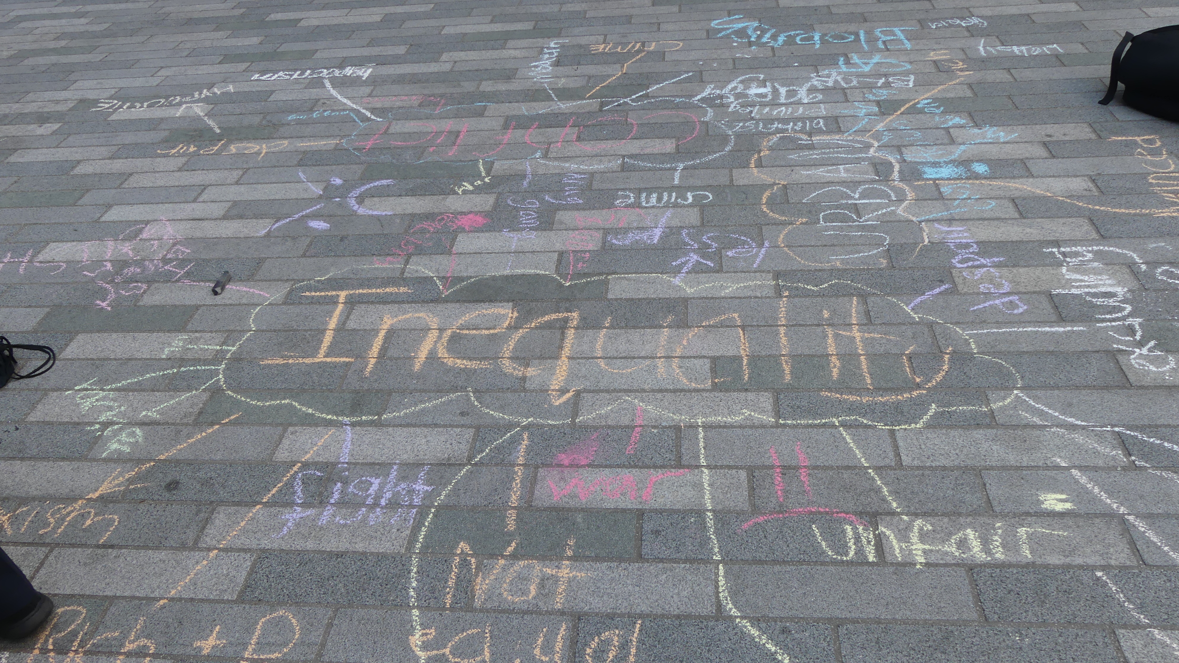 Students' chalk writings on inequality in cities