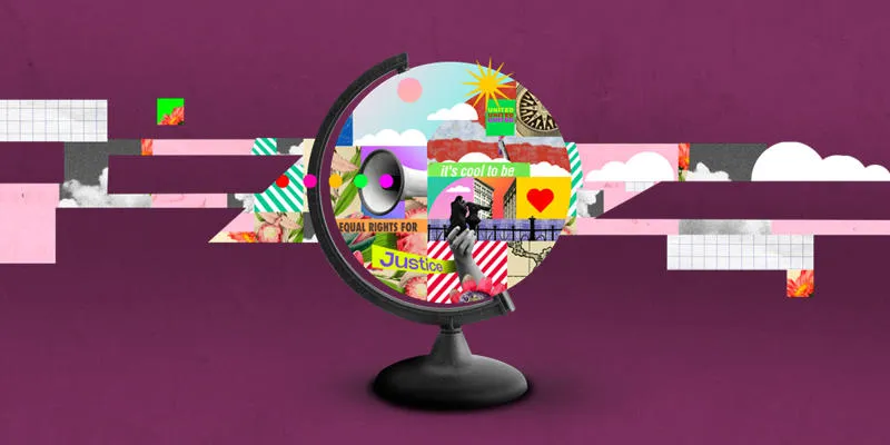 Collage of a colourful globe on a burgundy background