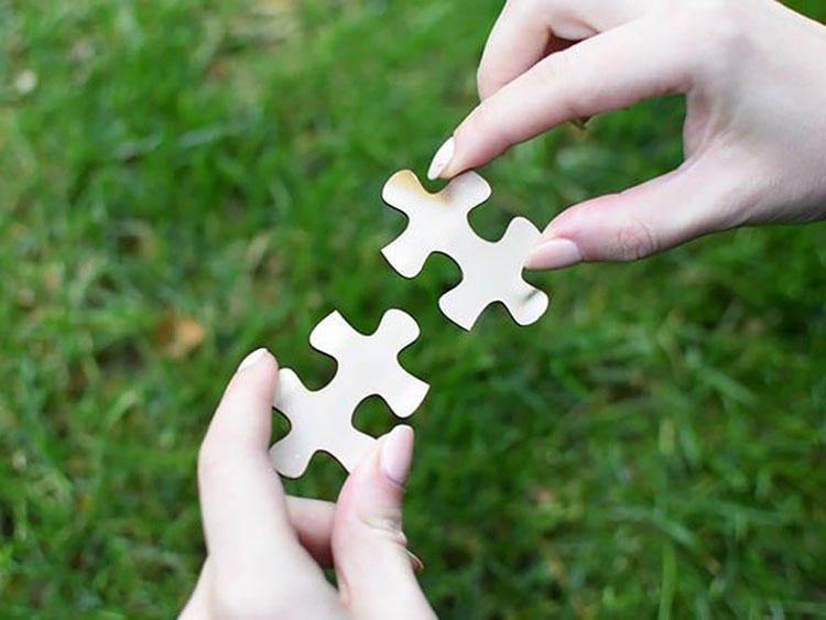 A person putting two jigsaw pieces together