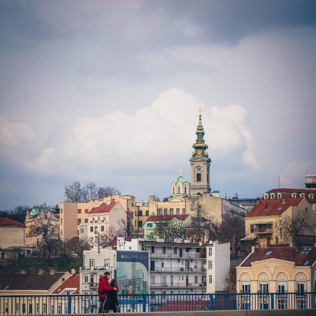 Two people walking in Belgrade, Serbia
